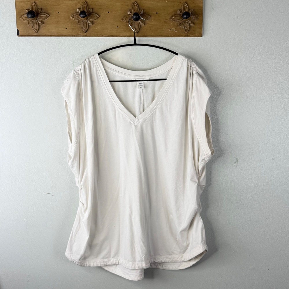 Athleta 2X White V-Neck Dolman Top Relaxed Fit Tunic Short Sleeve Casual